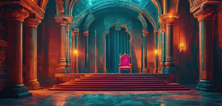 Fantasy illustration of an ancient church with columns and a throne.の素材