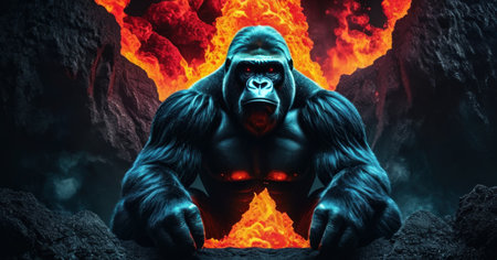 Gorilla in a cave with fire on the background. 3D rendering.の素材
