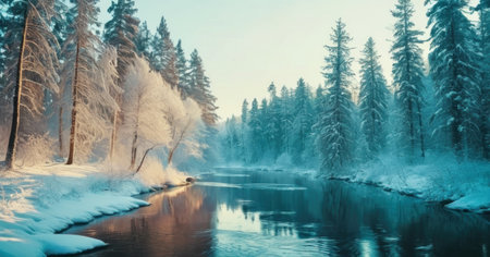 Beautiful winter landscape with a frozen river and trees in the backgroundの素材