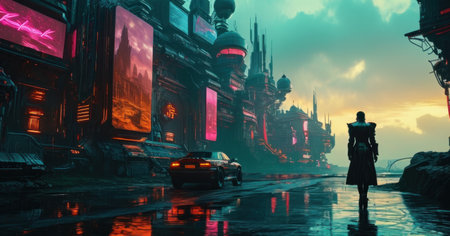 Futuristic city in the night, 3d rendering. Computer digital drawing.の素材