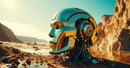 3D rendering of a robot in the desert against the blue skyの素材