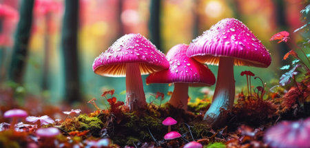 Magic mushrooms in the autumn forest. Beautiful nature scene with mushrooms.の素材