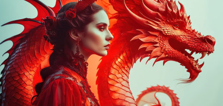 Beautiful young woman in a red Chinese dragon costume. Beauty, fashion.の素材