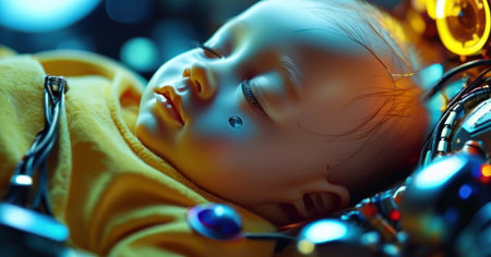 Close up of a baby doll sleeping in a toy car. 3D rendering.の素材