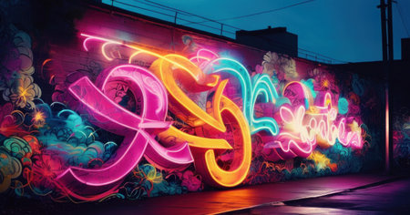 Graffiti on the wall at night. Colorful street art.の素材