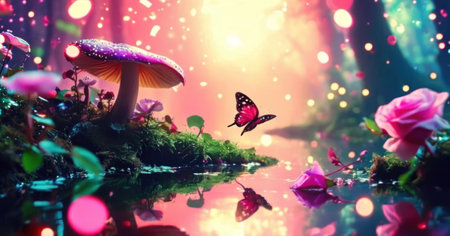 Fantasy landscape with magic mushroom and butterfly. 3d illustration.の素材