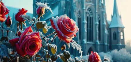 Beautiful red roses covered with hoarfrost in front of churchの素材