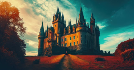 Beautiful fantasy castle on the background of the sunset. Panoramaの素材