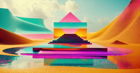 3d rendering of abstract geometric shapes in desert. Futuristic landscape design.の素材