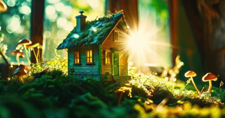 Miniature house in the forest with bokeh background. Eco friendly conceptの素材