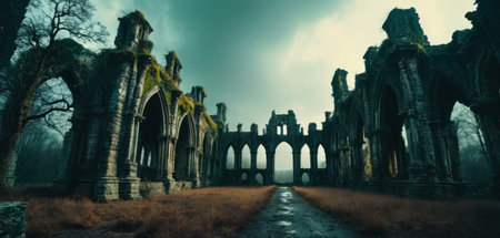 Ruins of an old gothic church in a foggy dayの素材