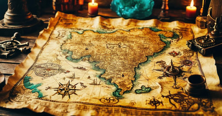 Vintage map and compass on a wooden table. Travel concept.の素材