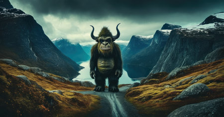 Fantasy landscape with a gorilla on the road. 3d renderの素材