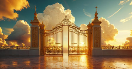 Wrought-iron gates in the sky. 3D render.の素材