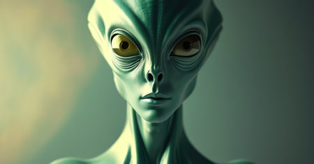 3d rendering of an alien with green eyes in a dark roomの素材