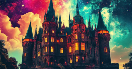 Fantasy castle in the night sky. 3d render illustration.の素材