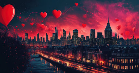 Lovely cityscape with red heart shaped balloons floating in the skyの素材