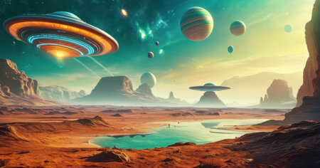 Alien Planet - 3D Rendered Computer Artwork. Fantasy Alien Landscape.の素材