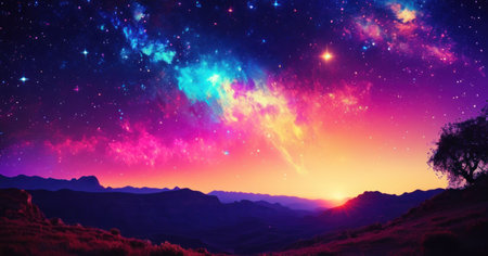 Mountain landscape with colorful nebula and starry sky. 3D renderingの素材