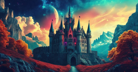 Fantasy landscape with fantasy castle. Fairytale background. 3D renderingの素材