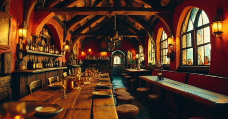 Interior of a pub with wooden tables and chairs, toned.の素材
