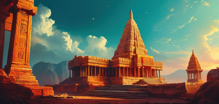 Ancient temple in the desert at sunset. 3d rendering. Computer digital drawing.の素材
