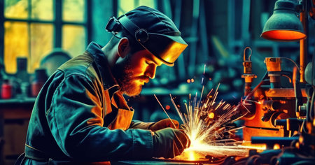 Male welder working in the workshop. Metalworking. Metalwork.の素材
