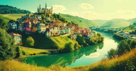 Beautiful panoramic view of the medieval village of Heidelberg, Germanyの素材
