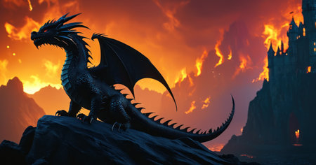 Dragon on the background of the ancient castle. 3D illustration.の素材