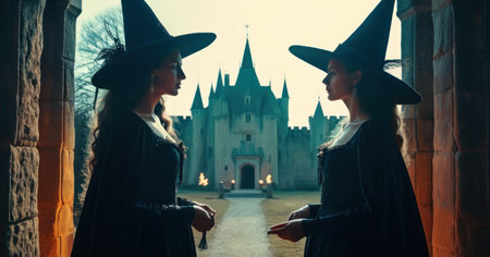 Two beautiful young women in witch costumes walking in front of the castleの素材