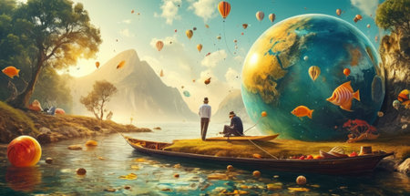 Fantasy Landscape with Boat and Globe. 3d Renderingの素材