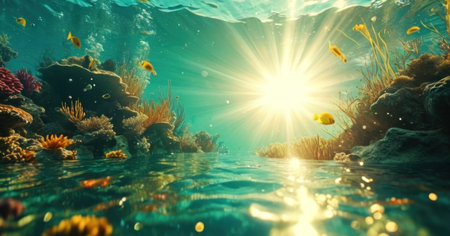 Underwater view of beautiful coral reef with fishes. 3d renderの素材