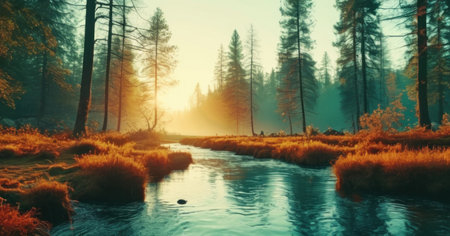 Mountain river in the forest at sunrise. 3d rendering.の素材