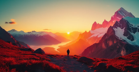 Mountain landscape with a man at sunset. Panoramic view.の素材