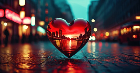 Red heart on the background of the city. 3D rendering.の素材