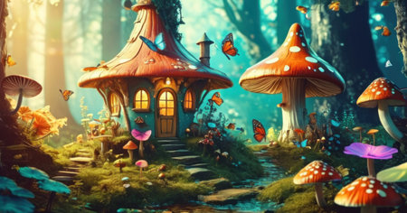 Fantasy fantasy fairy tale scene with fairy tale house in the forestの素材