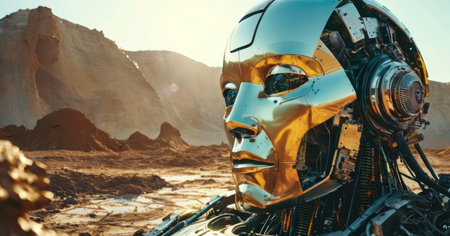 Cyborg in the desert. 3d rendering, 3d illustration.の素材