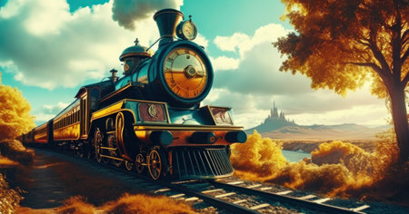 Steam locomotive in the autumn landscape. 3d illustration. Vintage style.の素材