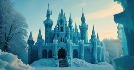 Fantasy castle in winter forest. Fairy tale theme. 3d renderingの素材