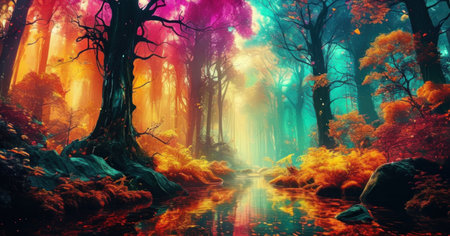 Fantasy forest with fog and water, 3d rendering. Computer digital drawing.の素材