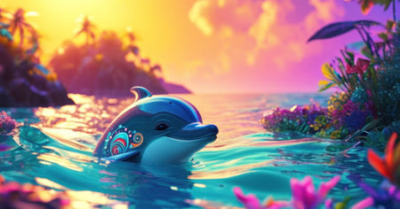 Dolphin in the sea at sunset. 3d illustration. Selective focus.の素材