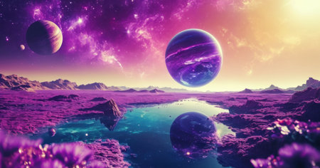Fantasy alien planet in deep space. 3D rendering illustration.の素材