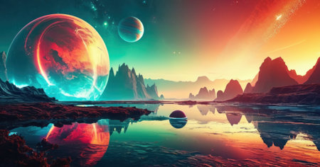 Fantasy alien planet. Mountain and lake. 3D illustration.の素材