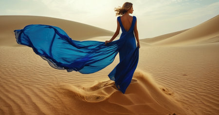 Beautiful woman in the desert with blue chiffon dress.の素材