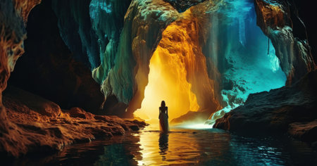 Woman in the cave. Fantasy landscape. 3d illustration. Elements of this image furnished by NASAの素材