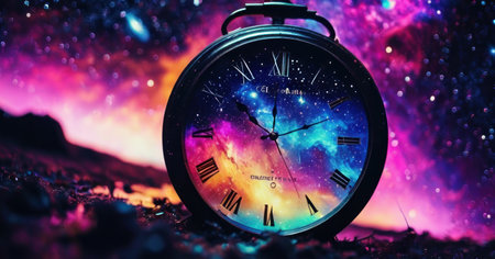 Time concept. Old vintage alarm clock on a background of night sky with stars.の素材