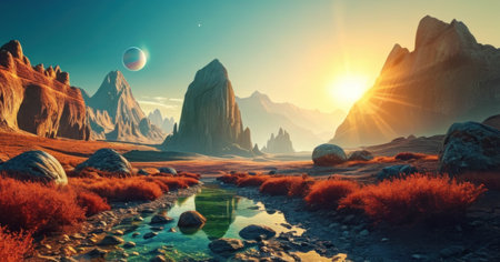 Fantasy alien planet. Mountain and lake. 3D illustration.の素材