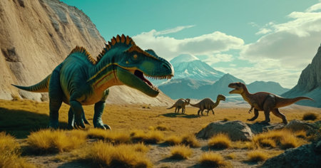 Dinosaur in the desert. 3d render. Fantasy landscape.の素材