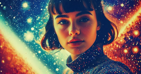 Portrait of a beautiful young woman on a background of stars.の素材