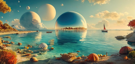 Fantasy landscape with planet and sea. 3d render illustration.の素材